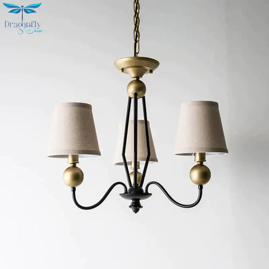Rural Curvy Arm Hanging Pendant Light 3/6 - Head Fabric Chandelier In Black With Cone Shade