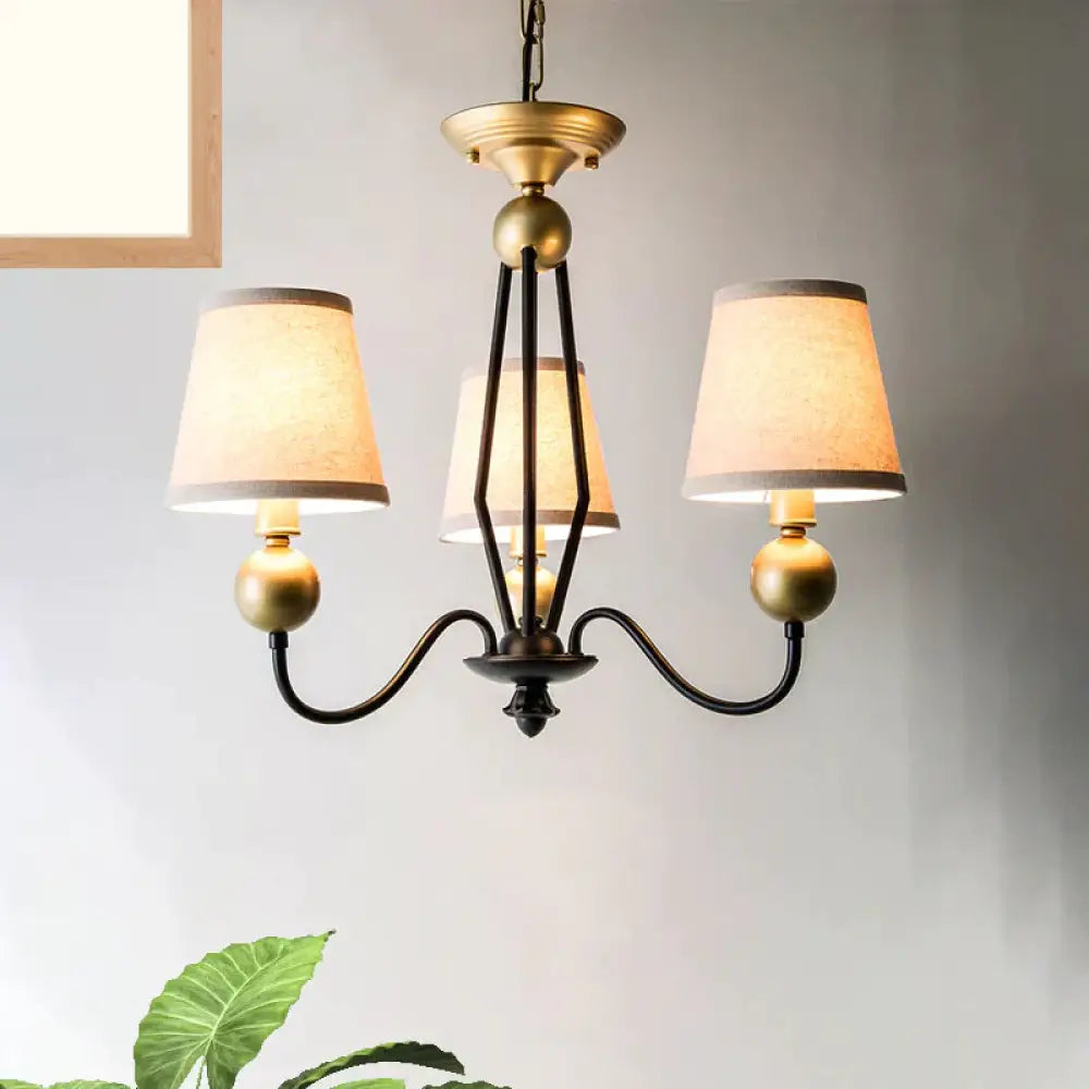 Rural Curvy Arm Hanging Pendant Light 3/6 - Head Fabric Chandelier In Black With Cone Shade 3 /