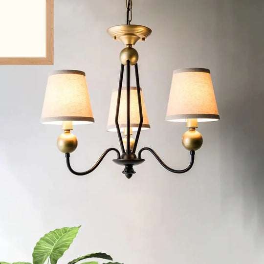 Rural Curvy Arm Hanging Pendant Light 3/6 - Head Fabric Chandelier In Black With Cone Shade 3 /