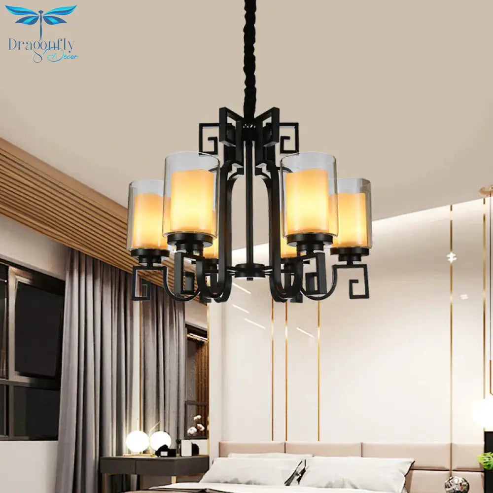 Rural Cylinder Chandelier Light Fixture 6 Lights Clear Glass Ceiling Pendant In Black With Twisted