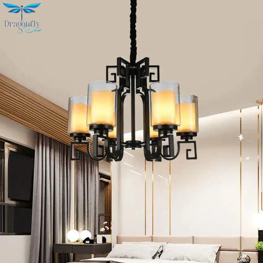 Rural Cylinder Chandelier Light Fixture 6 Lights Clear Glass Ceiling Pendant In Black With Twisted