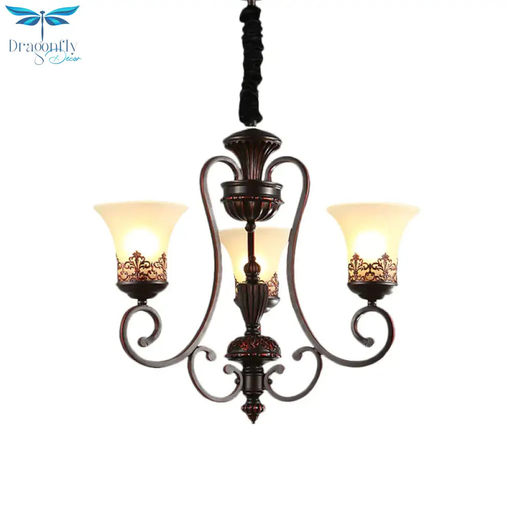 Rural Style Swirled Arm Hanging Chandelier 3/6 - Bulb Metallic Suspended Lighting Fixture In Red
