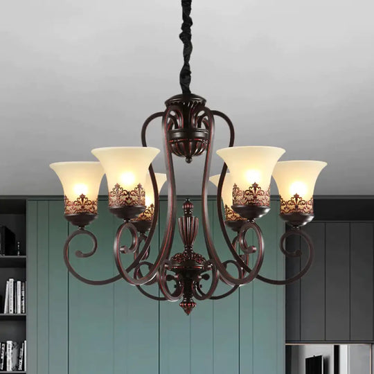Rural Style Swirled Arm Hanging Chandelier 3/6 - Bulb Metallic Suspended Lighting Fixture In Red