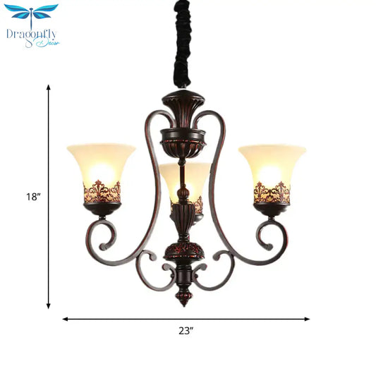 Rural Style Swirled Arm Hanging Chandelier 3/6 - Bulb Metallic Suspended Lighting Fixture In Red