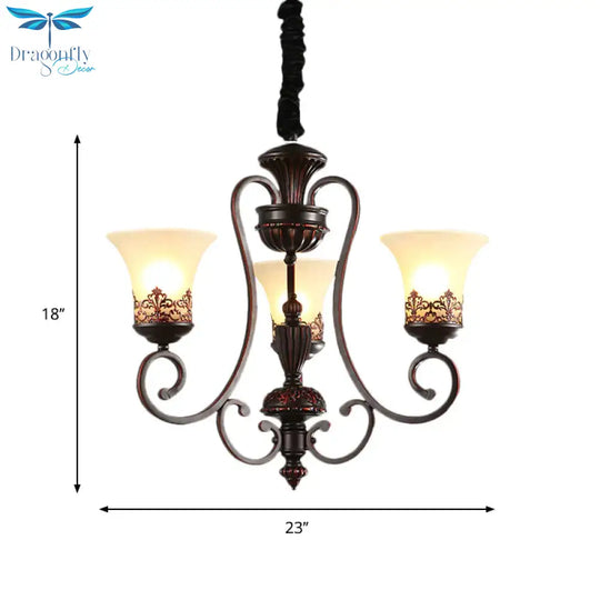 Rural Style Swirled Arm Hanging Chandelier 3/6 - Bulb Metallic Suspended Lighting Fixture In Red