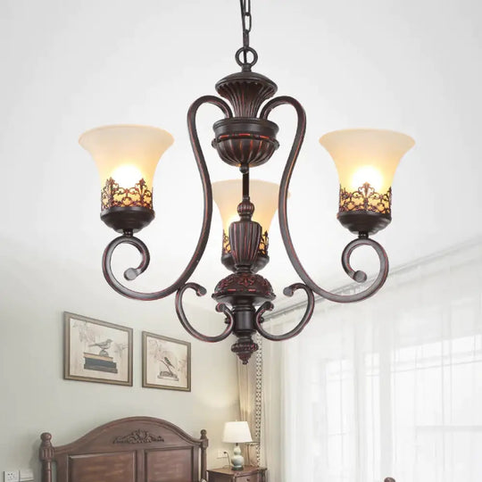 Rural Style Swirled Arm Hanging Chandelier 3/6 - Bulb Metallic Suspended Lighting Fixture In Red