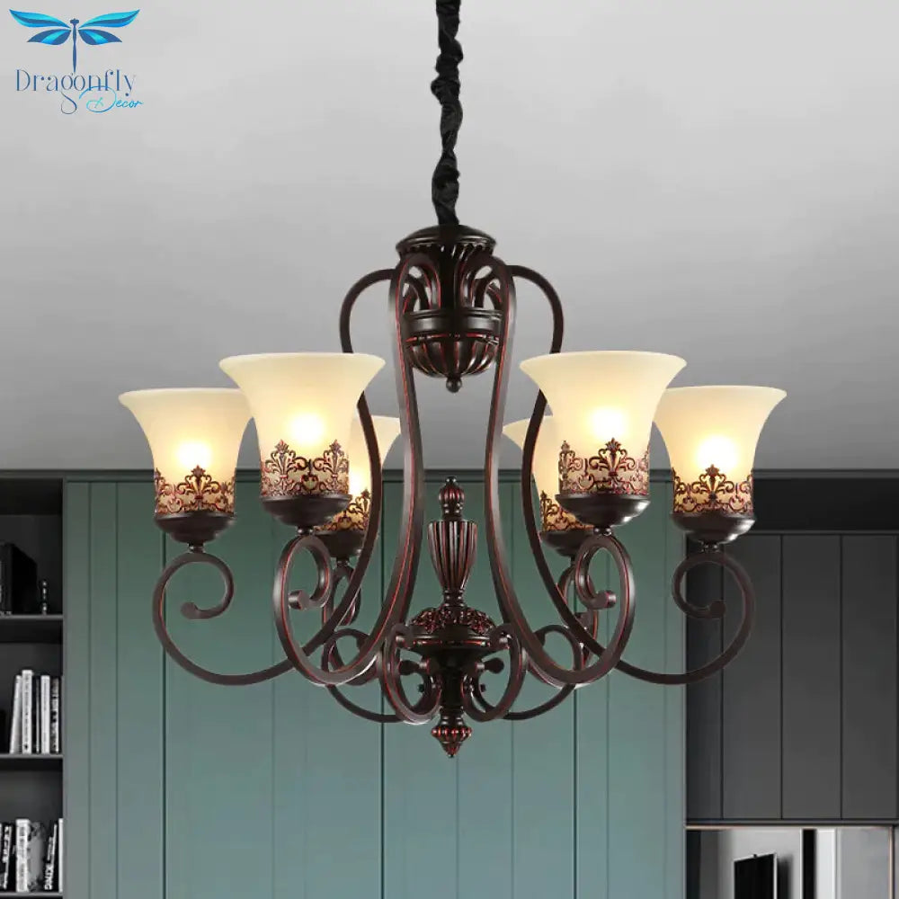 Rural Style Swirled Arm Hanging Chandelier 3/6 - Bulb Metallic Suspended Lighting Fixture In Red