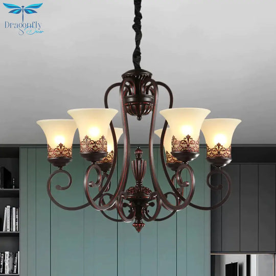 Rural Style Swirled Arm Hanging Chandelier 3/6 - Bulb Metallic Suspended Lighting Fixture In Red