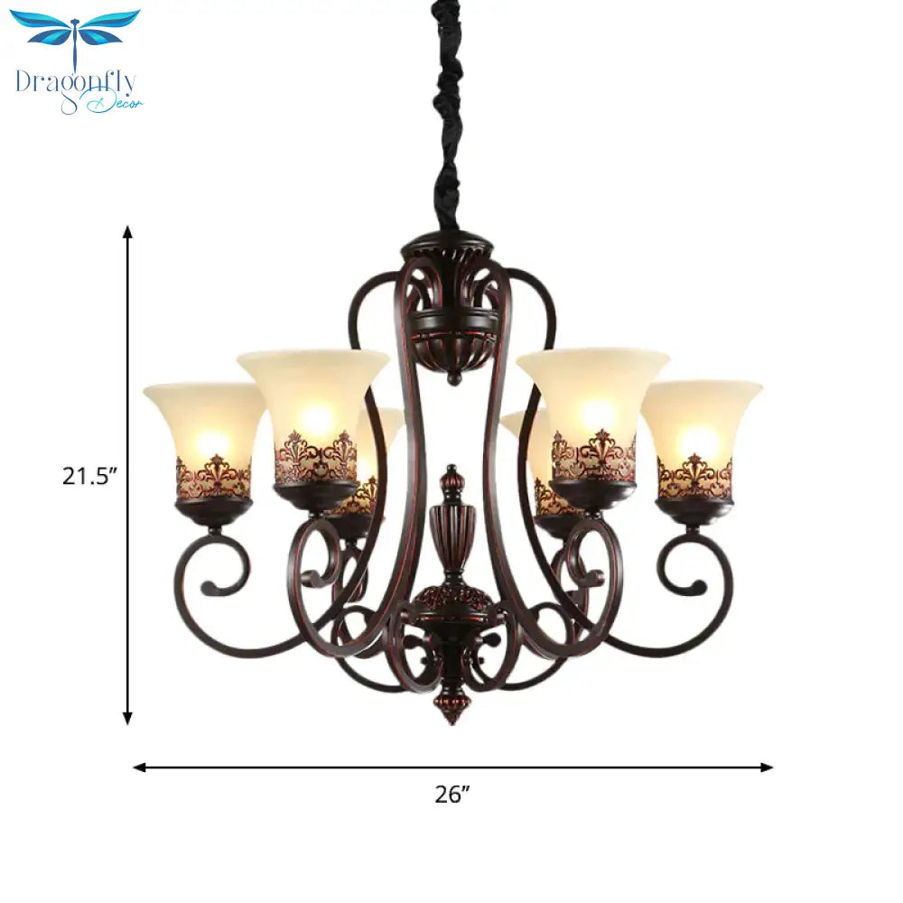 Rural Style Swirled Arm Hanging Chandelier 3/6 - Bulb Metallic Suspended Lighting Fixture In Red