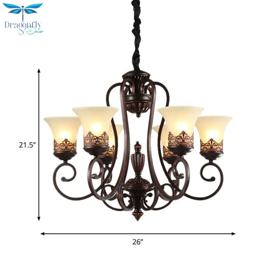 Rural Style Swirled Arm Hanging Chandelier 3/6 - Bulb Metallic Suspended Lighting Fixture In Red