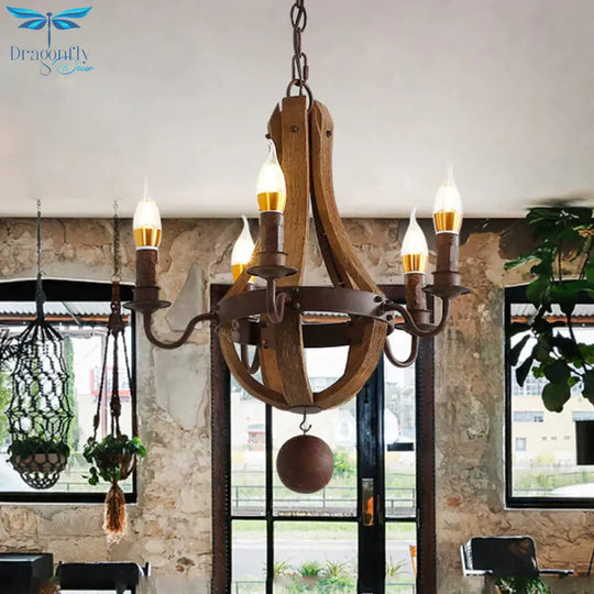 Rust 5 Lights Chandelier Lighting Rustic Wooden Basket Pendant Lamp For Restaurant 16.5’/19.5’ Wide