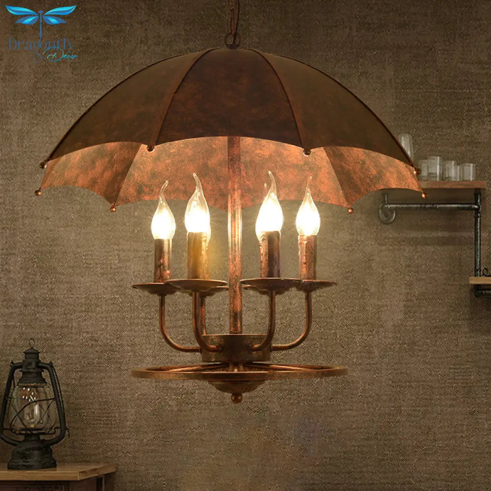 Rust Candle Suspension Light With Umbrella Shade 6 Lights Metallic Pendant Lamp For Boutique