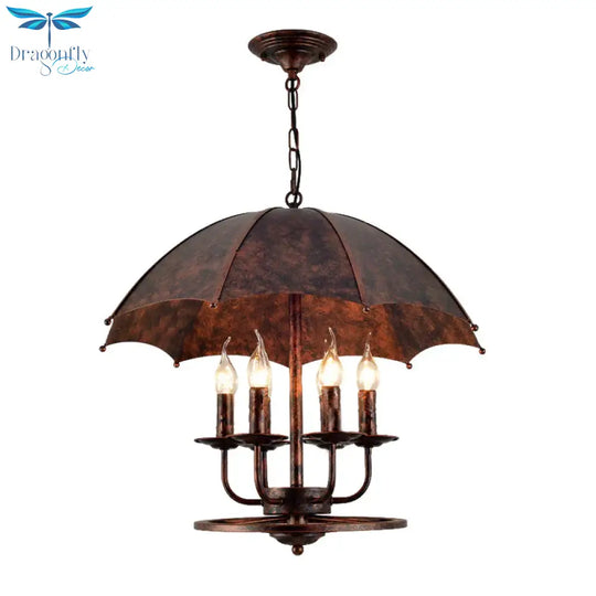 Rust Candle Suspension Light With Umbrella Shade 6 Lights Metallic Pendant Lamp For Boutique