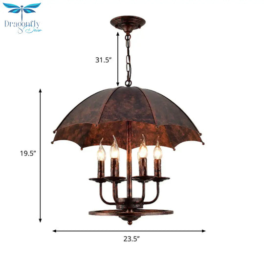 Rust Candle Suspension Light With Umbrella Shade 6 Lights Metallic Pendant Lamp For Boutique