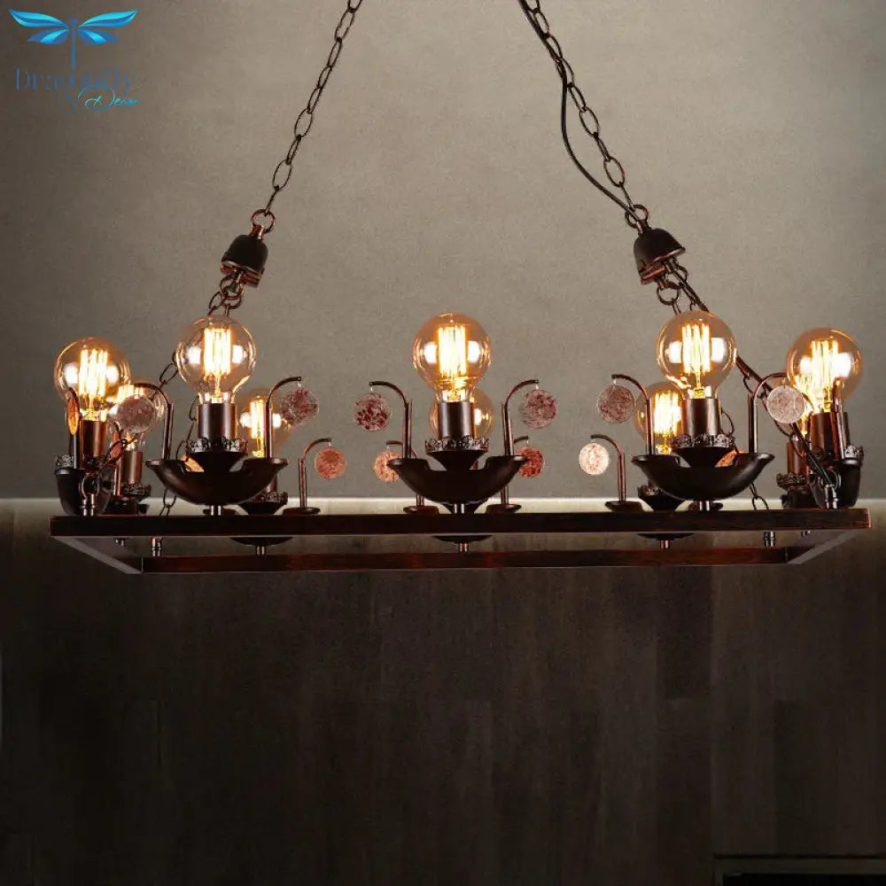 Rust Rectangular Pendant Chandelier Industrial Metal 10 - Head Bedroom Hanging Ceiling Light