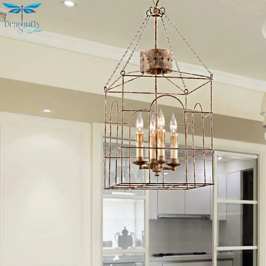 Rust Rectangular Pendant Chandelier Rural Metal 4 Heads Dining Room Hanging Ceiling Light