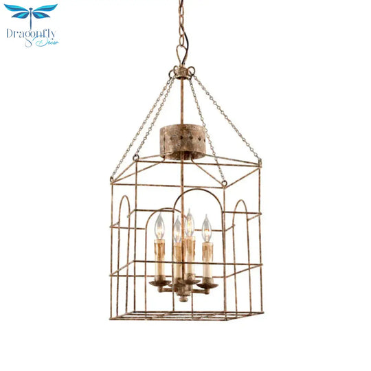 Rust Rectangular Pendant Chandelier Rural Metal 4 Heads Dining Room Hanging Ceiling Light