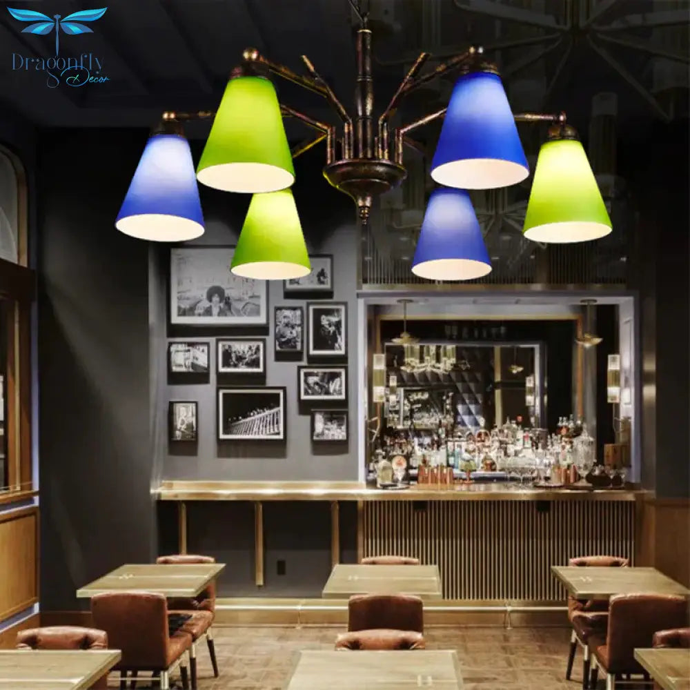 Rust Tapered Shade Chandelier 6 Lights Retro Metal Hanging Light For Restaurant