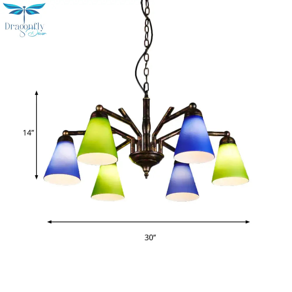 Rust Tapered Shade Chandelier 6 Lights Retro Metal Hanging Light For Restaurant