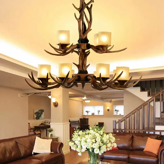 Rustic 2-Tier Resin Hanging Pendant Light With 12 Heads In Brown With Cylinder Frosted Glass Shade