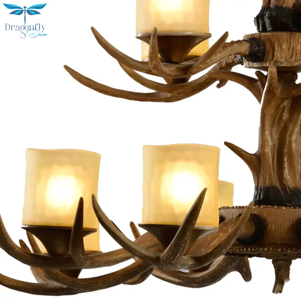 Rustic 2-Tier Resin Hanging Pendant Light With 12 Heads In Brown With Cylinder Frosted Glass Shade
