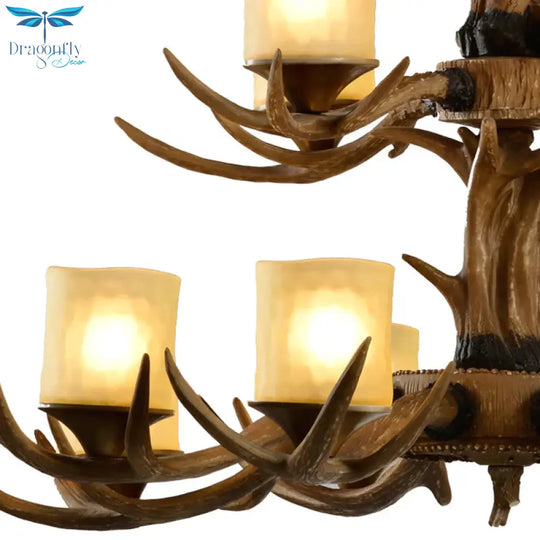 Rustic 2-Tier Resin Hanging Pendant Light With 12 Heads In Brown With Cylinder Frosted Glass Shade