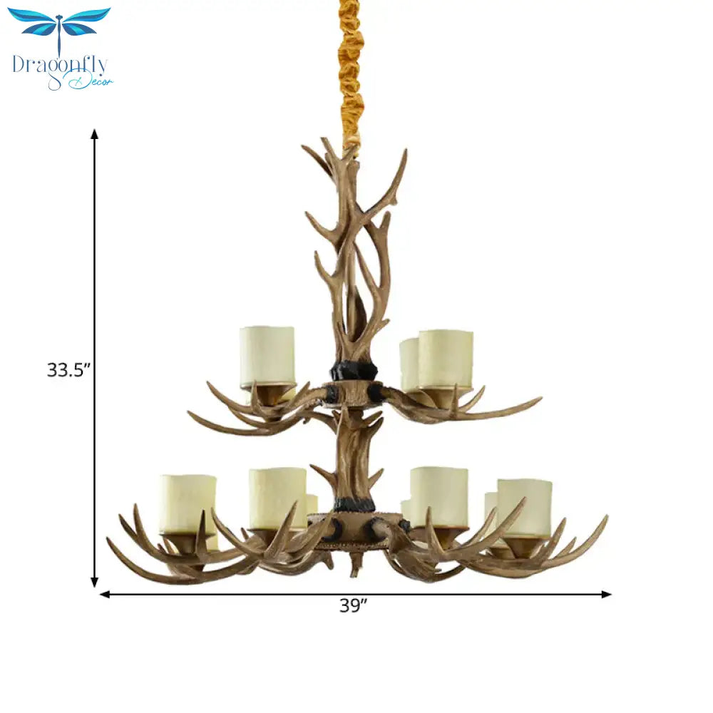 Rustic 2-Tier Resin Hanging Pendant Light With 12 Heads In Brown With Cylinder Frosted Glass Shade