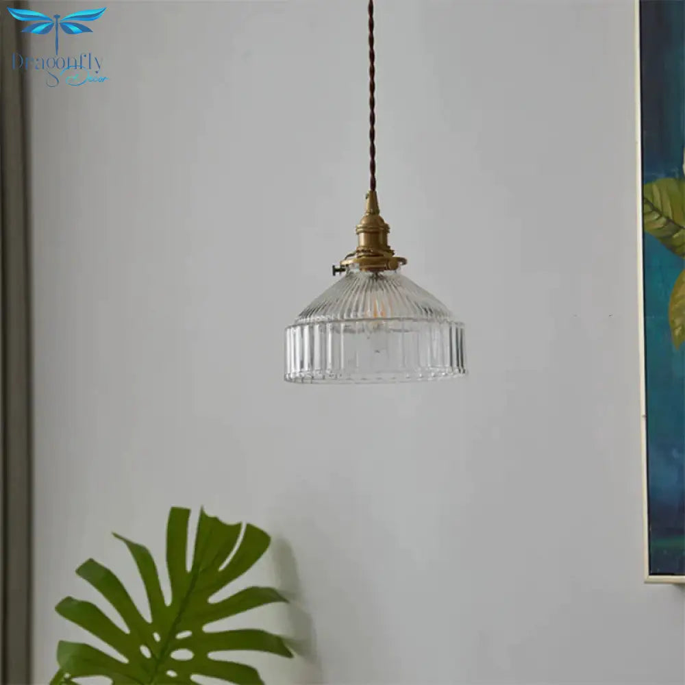 Rustic Barn Shade Pendant Lamp 1 - Light Clear Ribbed Glass Ceiling Suspension Light