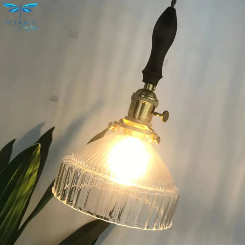 Rustic Barn Shade Pendant Lamp 1 - Light Clear Ribbed Glass Ceiling Suspension Light
