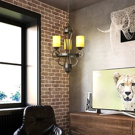 Rustic Black 3 Lights Hanging Fixture With Cylinder Yellow Glass Shade