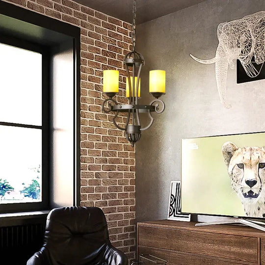 Rustic Black 3 Lights Hanging Fixture With Cylinder Yellow Glass Shade