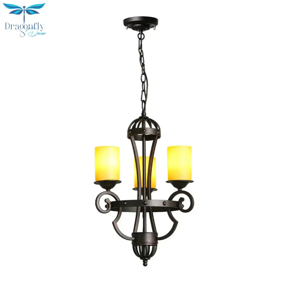 Rustic Black 3 Lights Hanging Fixture With Cylinder Yellow Glass Shade