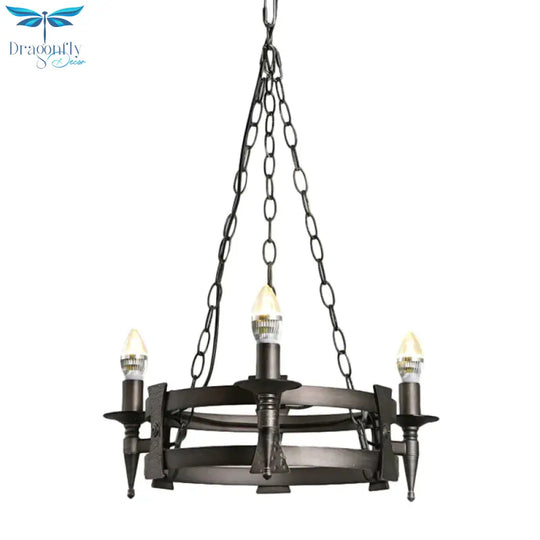 Rustic Black 3 Lights Metal Ceiling Chandelier Bare Bulb Living Room Hanging Lamp