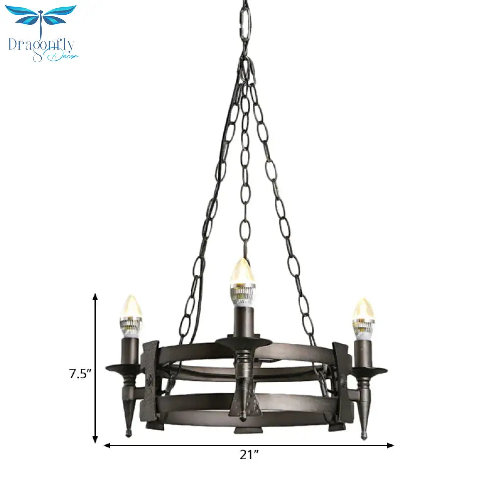 Rustic Black 3 Lights Metal Ceiling Chandelier Bare Bulb Living Room Hanging Lamp