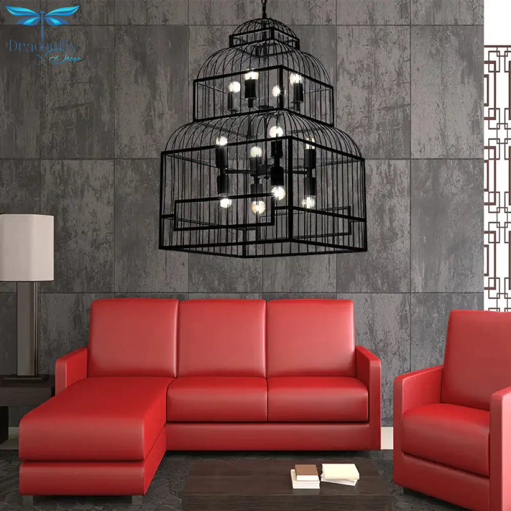 Rustic Black/Wood Exposed Bulb Living Room Hanging Ceiling Fixture With Cage