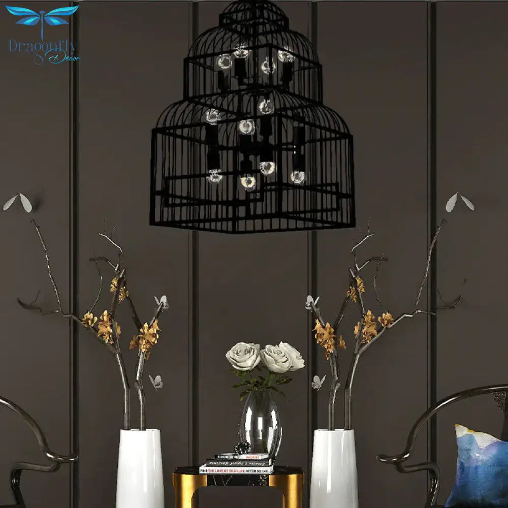 Rustic Black/Wood Exposed Bulb Living Room Hanging Ceiling Fixture With Cage