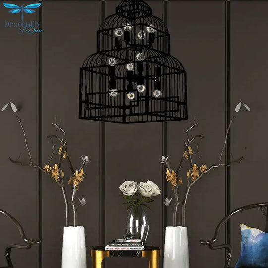 Rustic Black/Wood Exposed Bulb Living Room Hanging Ceiling Fixture With Cage