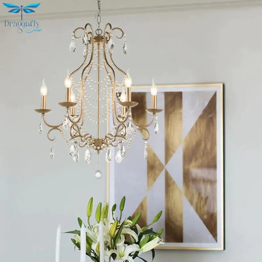 Rustic Candelabra Chandelier 6 Lights Crystal Strand Pendant Lighting In Gold Over Table