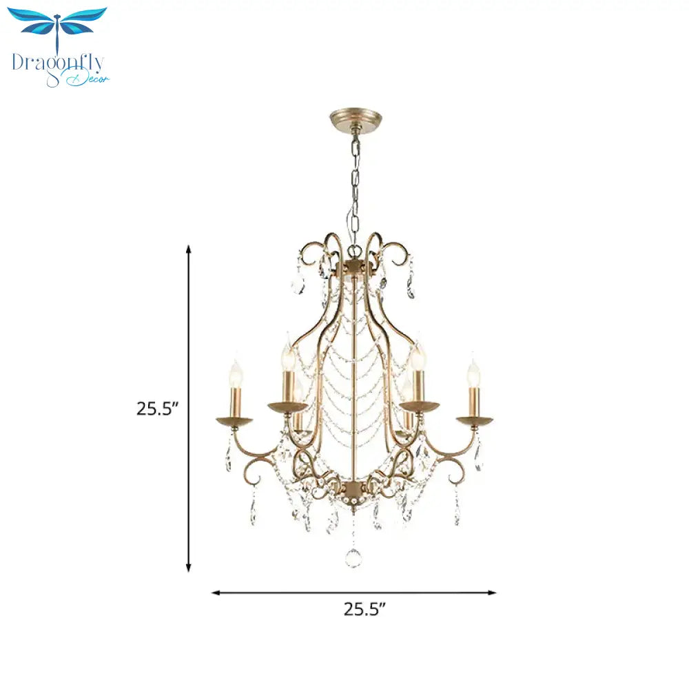 Rustic Candelabra Chandelier 6 Lights Crystal Strand Pendant Lighting In Gold Over Table