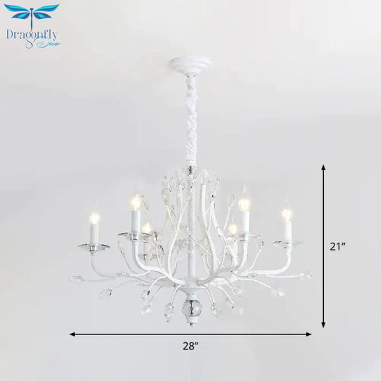 Rustic Candle Chandelier Lighting 4/6 Heads Clear K9 Crystal Suspension Light In White For Dining