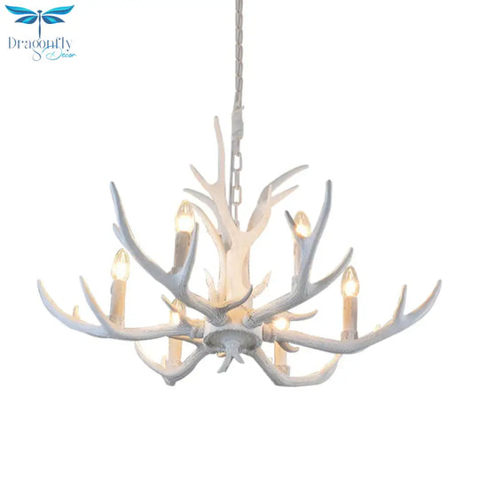 Rustic Candle Hanging Pendant 4/6/8 - Light Resin Ceiling Chandelier In White For Bedroom