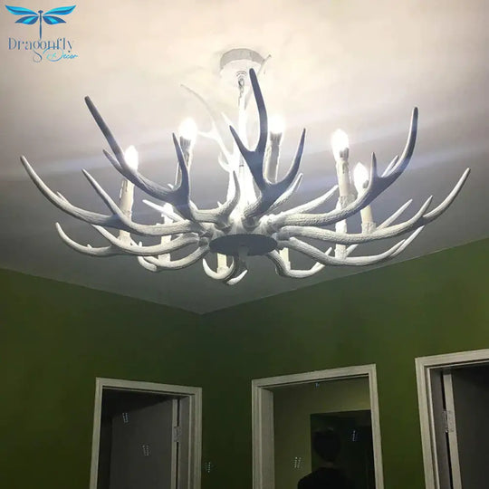 Rustic Candle Hanging Pendant 4/6/8 - Light Resin Ceiling Chandelier In White For Bedroom
