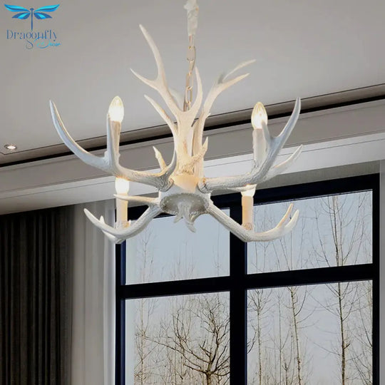 Rustic Candle Hanging Pendant 4/6/8 - Light Resin Ceiling Chandelier In White For Bedroom
