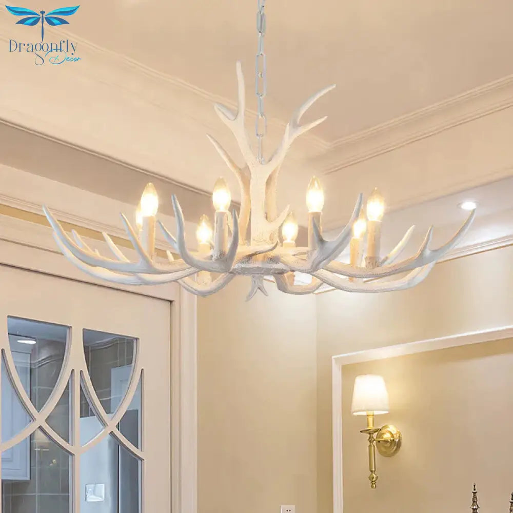 Rustic Candle Hanging Pendant 4/6/8 - Light Resin Ceiling Chandelier In White For Bedroom