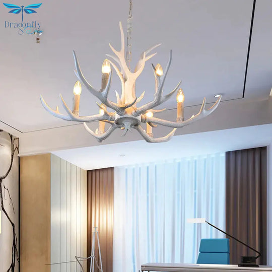 Rustic Candle Hanging Pendant 4/6/8 - Light Resin Ceiling Chandelier In White For Bedroom