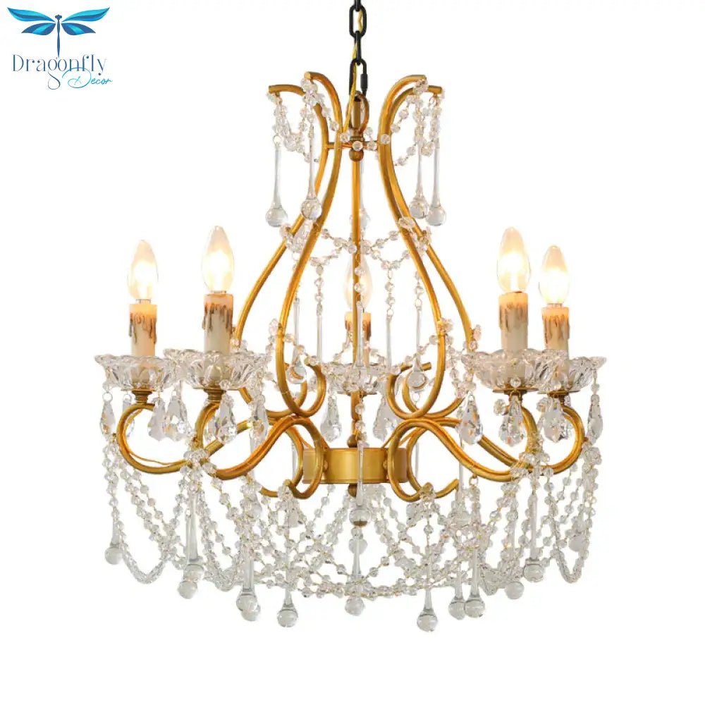 Rustic Candle - Style Chandelier 5 Lights Crystal Suspension Lamp In Gold For Living Room
