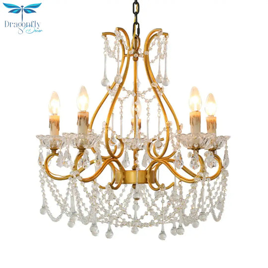 Rustic Candle - Style Chandelier 5 Lights Crystal Suspension Lamp In Gold For Living Room