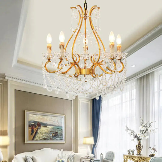 Rustic Candle - Style Chandelier 5 Lights Crystal Suspension Lamp In Gold For Living Room