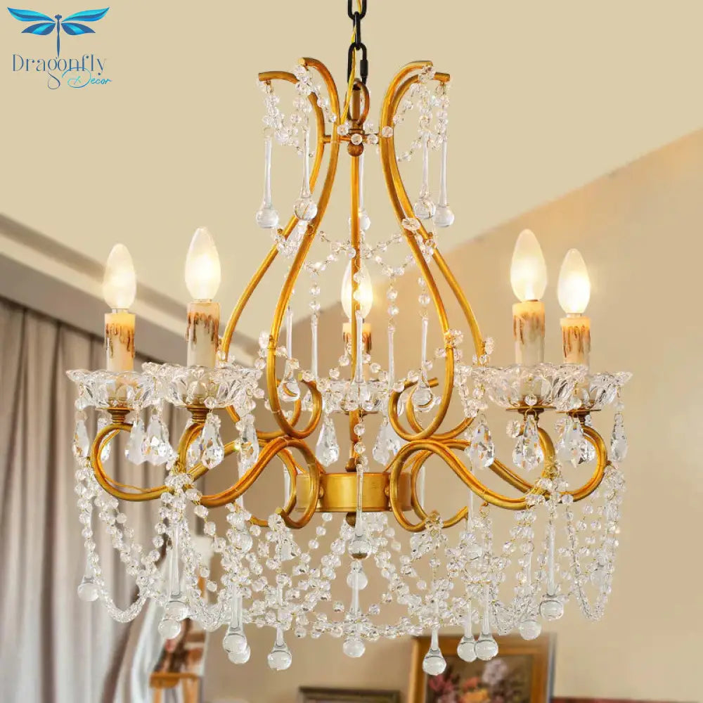 Rustic Candle - Style Chandelier 5 Lights Crystal Suspension Lamp In Gold For Living Room