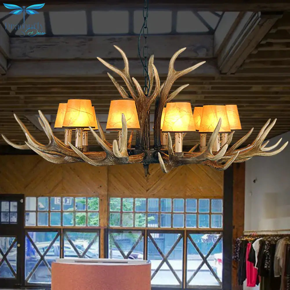 Rustic Conical Hanging Pendant 6/8/10 Lights Resin Ceiling Chandelier In Light Brown For Restaurant